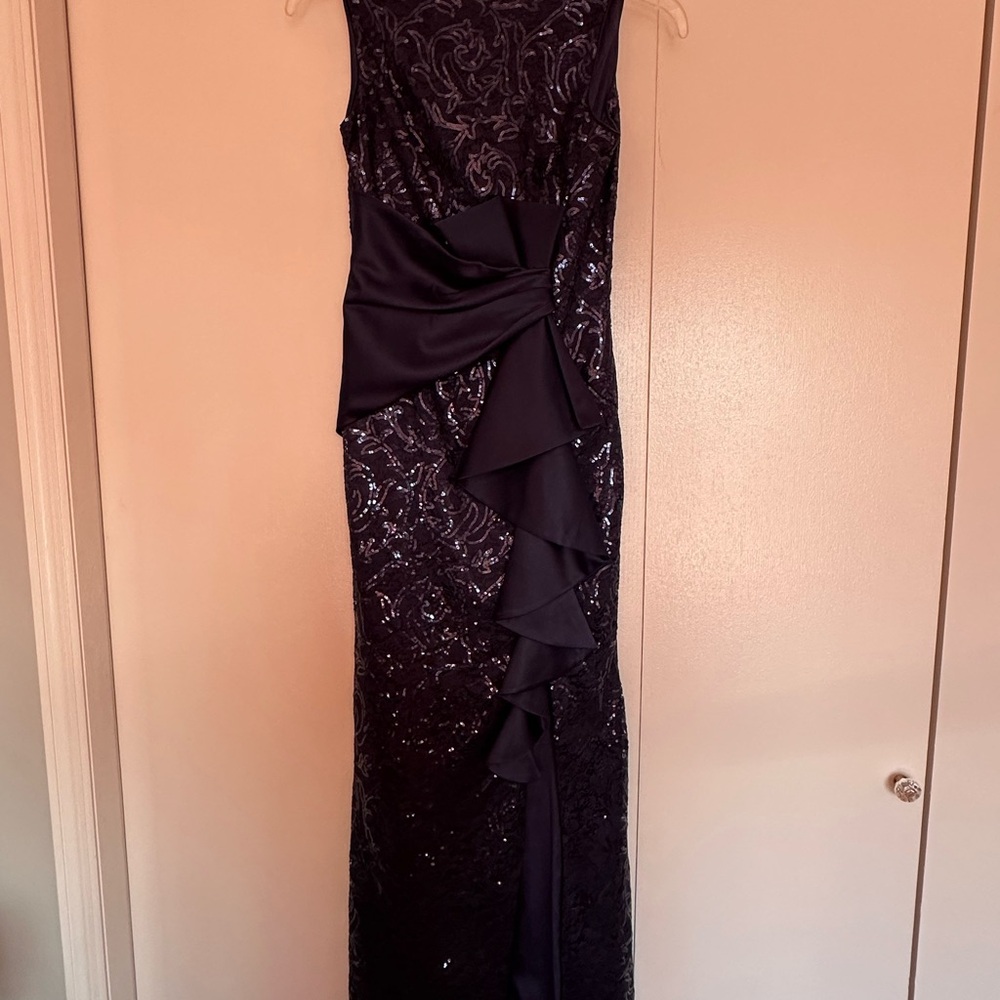 Eliza J. Sequins lace boatneck sleeveless ruffle front slit gown - Picture 9 of 12